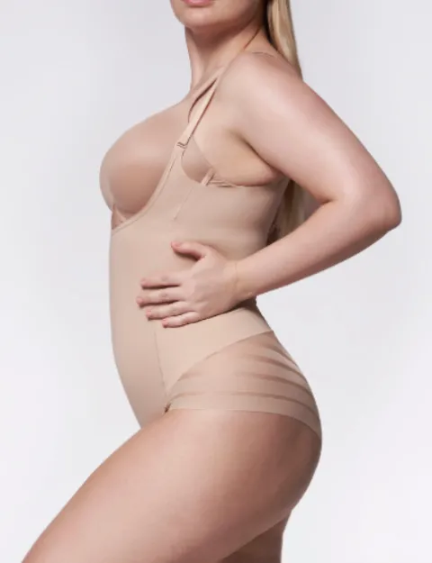 Body z siateczką - 119 Mesh Body Open Bust - body wyszczuplające pod biust - beżowe
